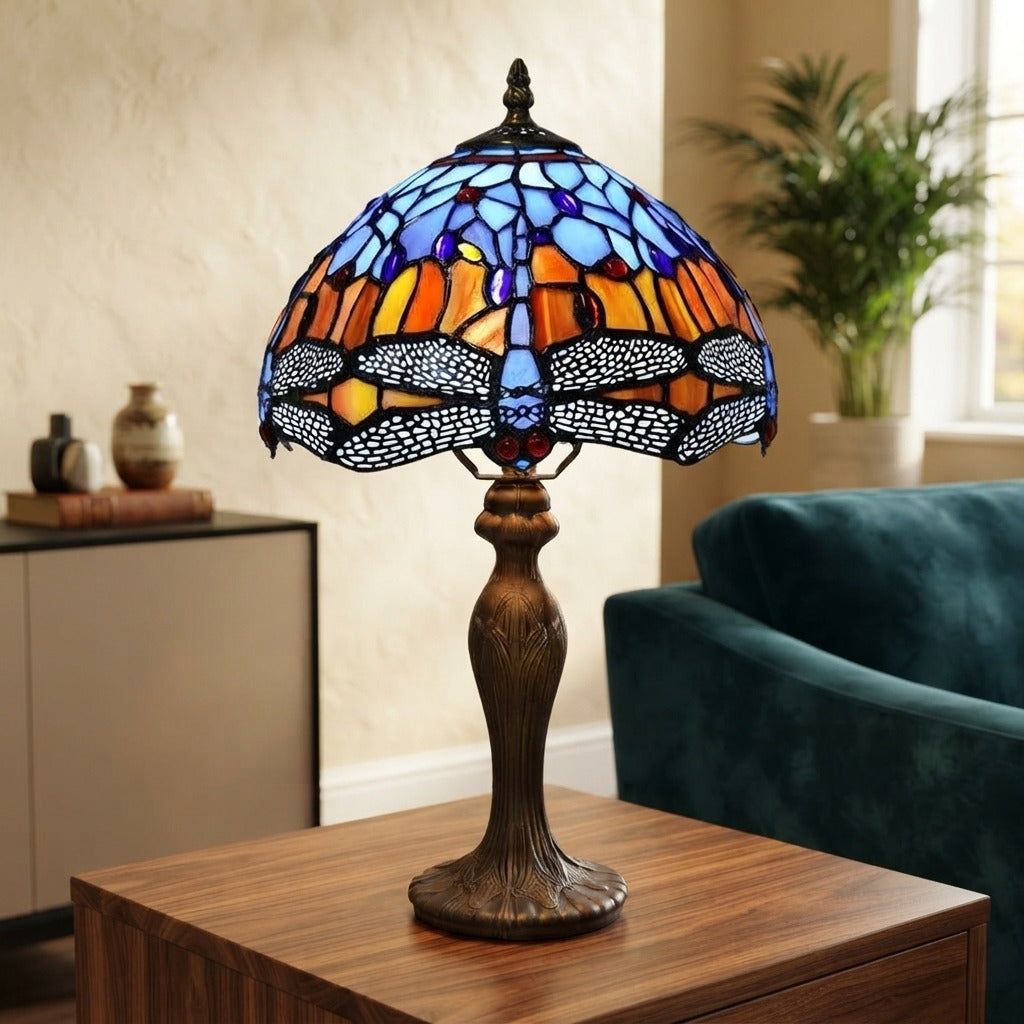 Vintage Tiffany Style Table Lamp Dragonfly Style 10 inch blue and orange Glass