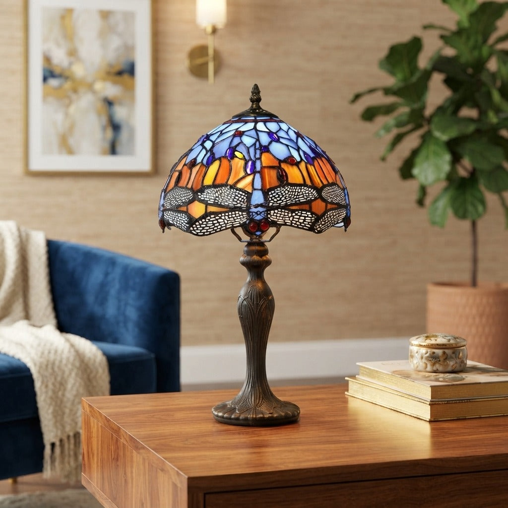 Vintage Tiffany Style Table Lamp Dragonfly Style 10 inch blue and orange Glass