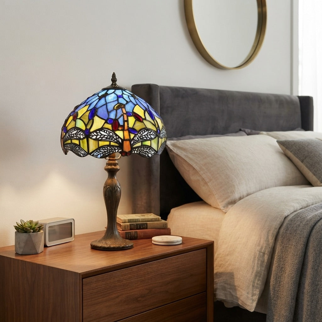 Tiffany Table Lamp Dragonfly Style Handmade 10 inch Stained Glass Multicolor UK