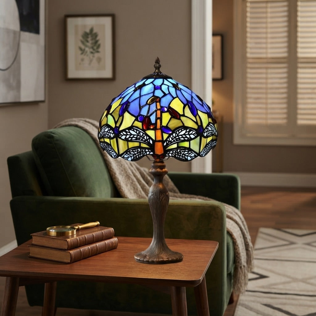 Tiffany Table Lamp Dragonfly Style Handmade 10 inch Stained Glass Multicolor UK