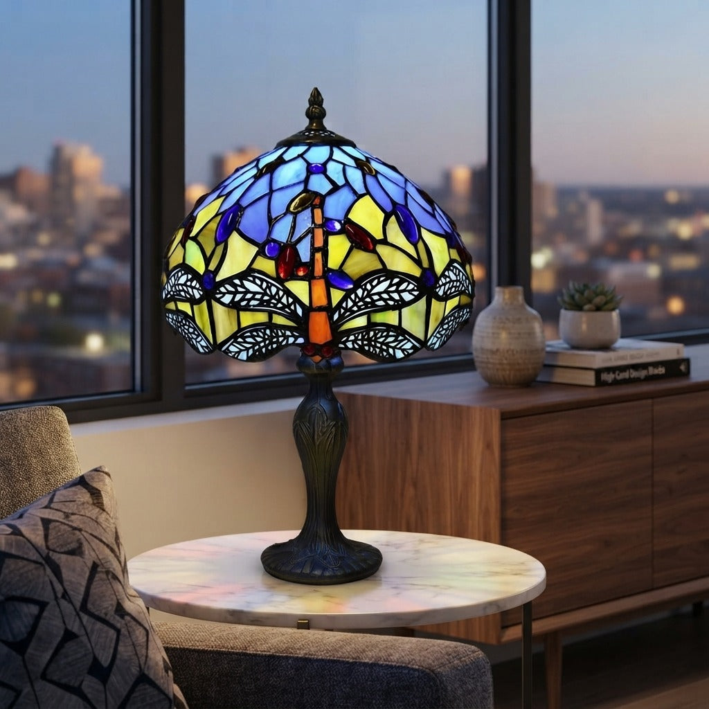Tiffany Table Lamp Dragonfly Style Handmade 10 inch Stained Glass Multicolor UK