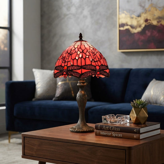 Red Dragonfly Tiffany Style Table Lamp Stained Glass Shade For Home Decoration
