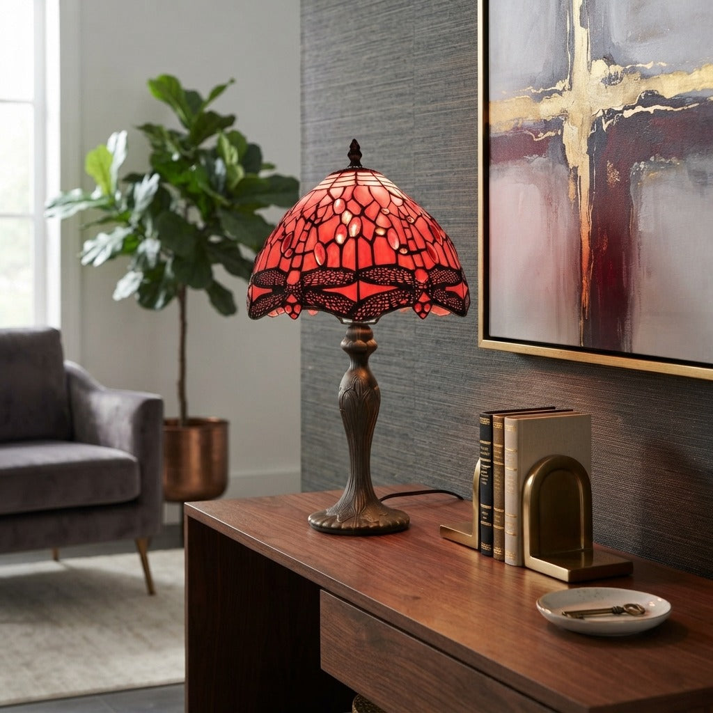 Red Dragonfly Tiffany Style Table Lamp Stained Glass Shade For Home Decoration