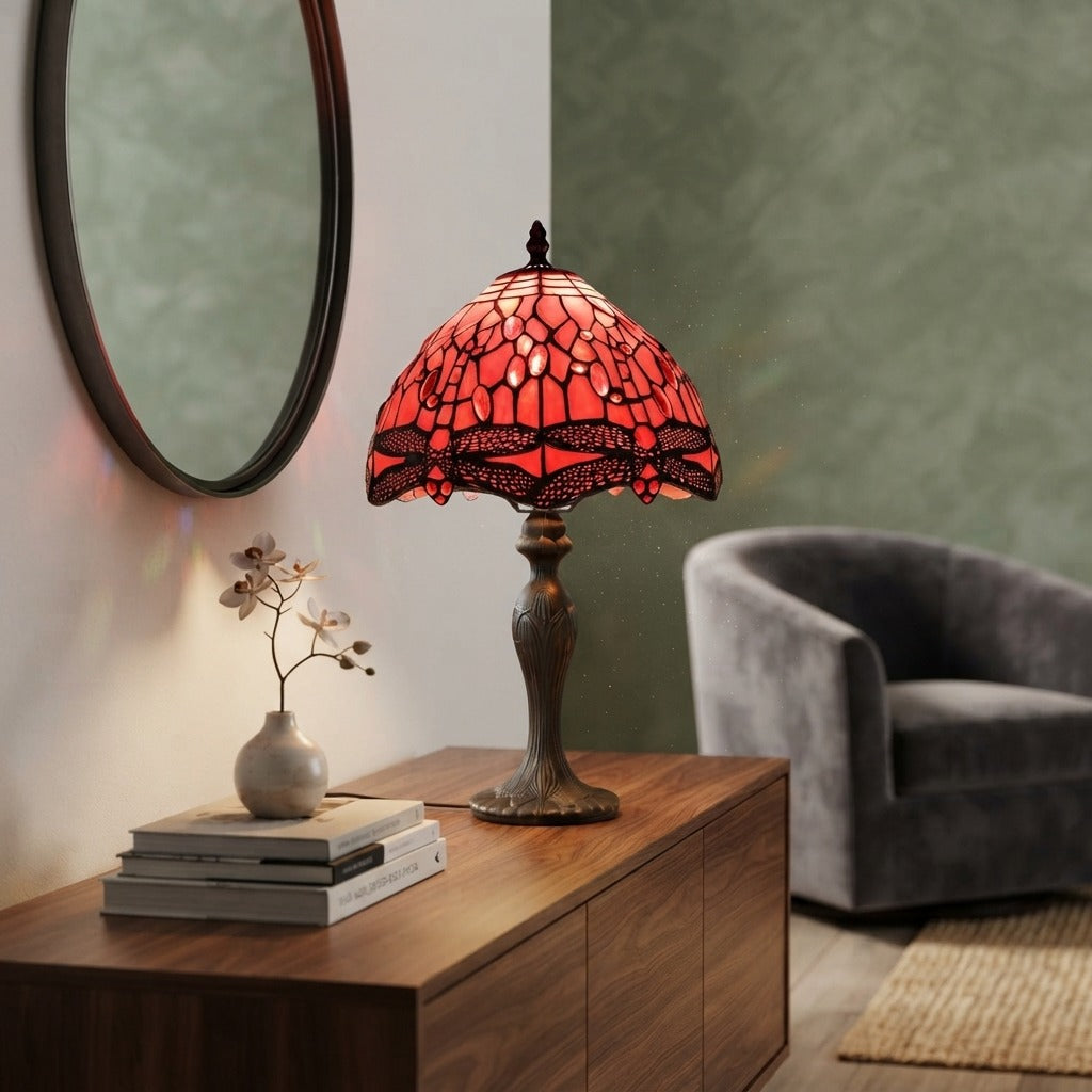 Red Dragonfly Tiffany Style Table Lamp Stained Glass Shade For Home Decoration