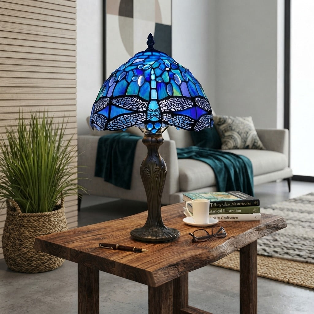 Blue Dragonfly Stained Glass Tiffany Style Table Lamp