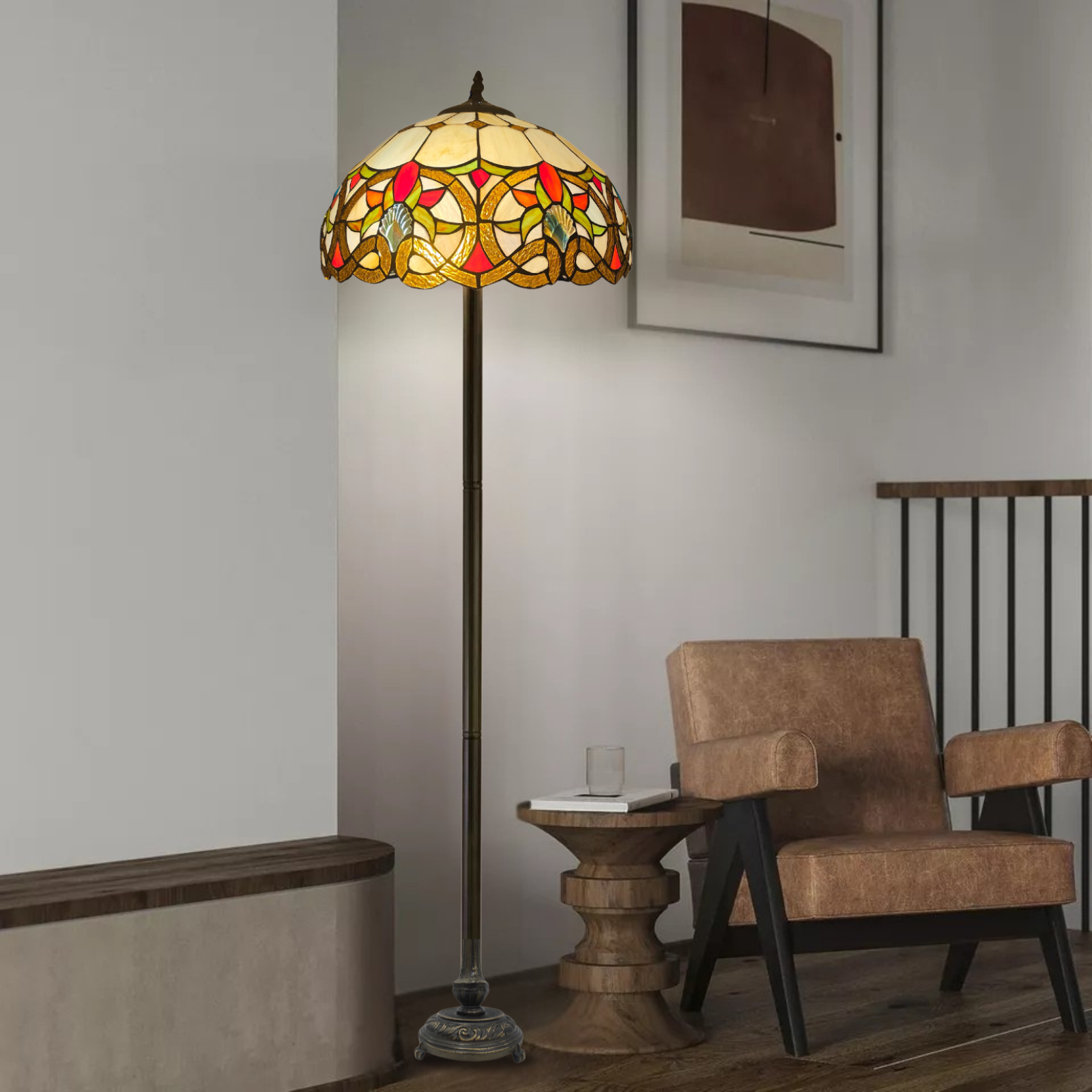 A beautiful large multicolor stained glass 16 inch tiffany floor lamp placed  in room beside a chair and table