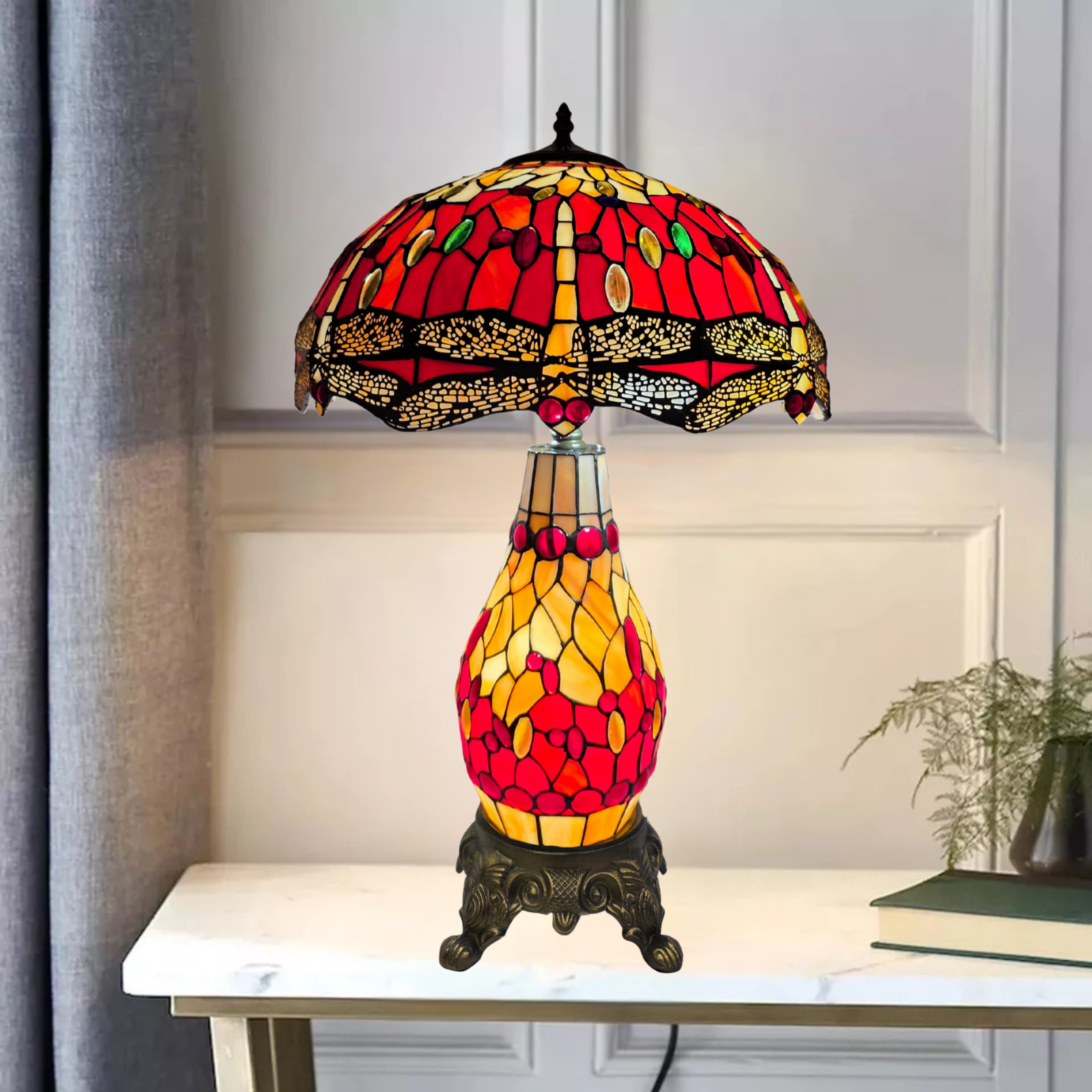 16-inch red & yellow Colorful stained glass cluster lamp on a table with a neutral background