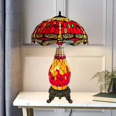 16-inch red & yellow Colorful stained glass cluster lamp on a table with a neutral background
