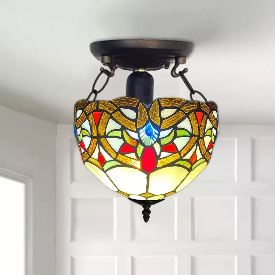 10 Inch Ceiling Light Tiffany Style Handmade Multicolor Stained Glass Shade For Home Decoration