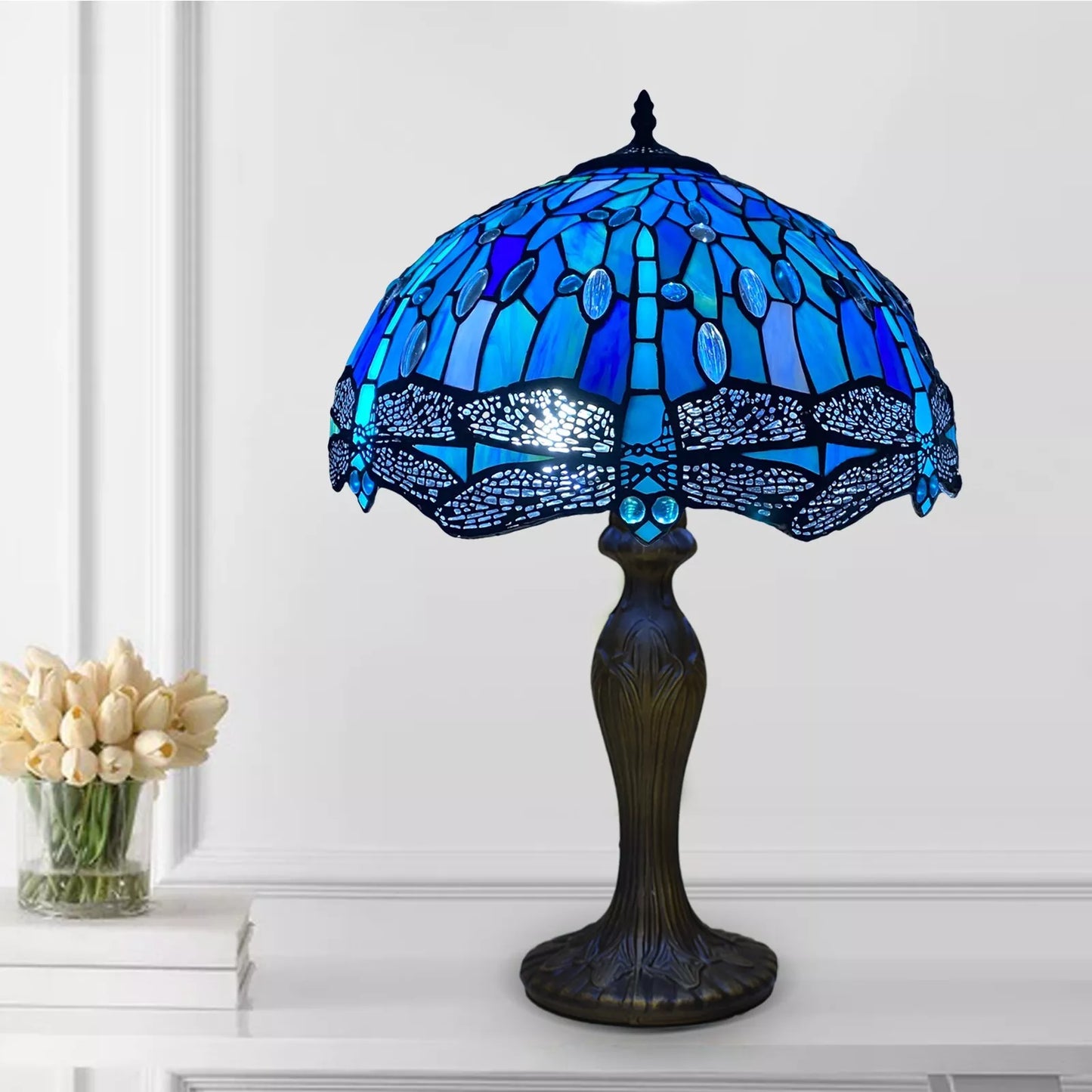 16 Inch Blue & Black Tiffany Style Handcrafted Table Lamp