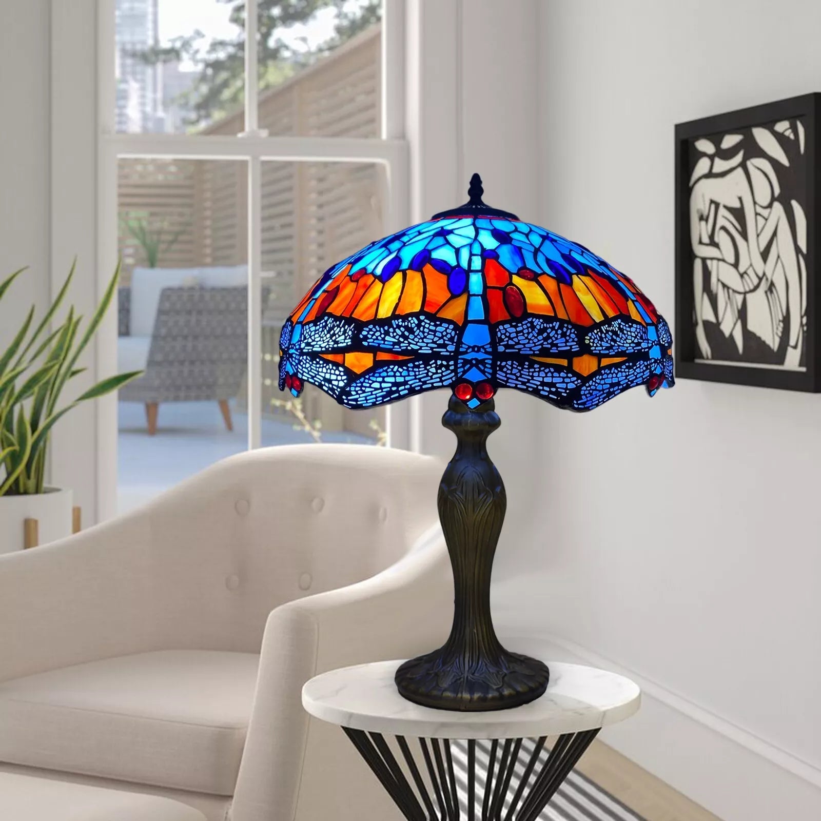 16 inch Handcrafted Stained Glass Tiffany Blue & Orange Dragonfly style Table lamp