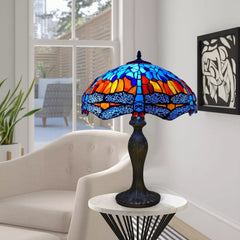 16 inch Handcrafted Stained Glass Tiffany Blue & Orange Dragonfly style Table lamp