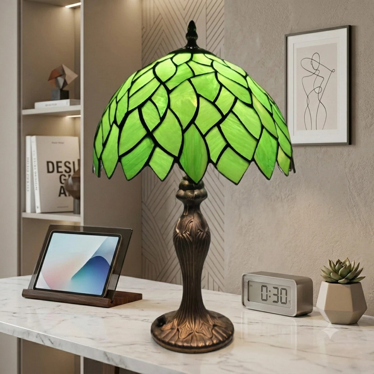 Green Tiffany Style Stained Glass 10 Inch Table Lamp