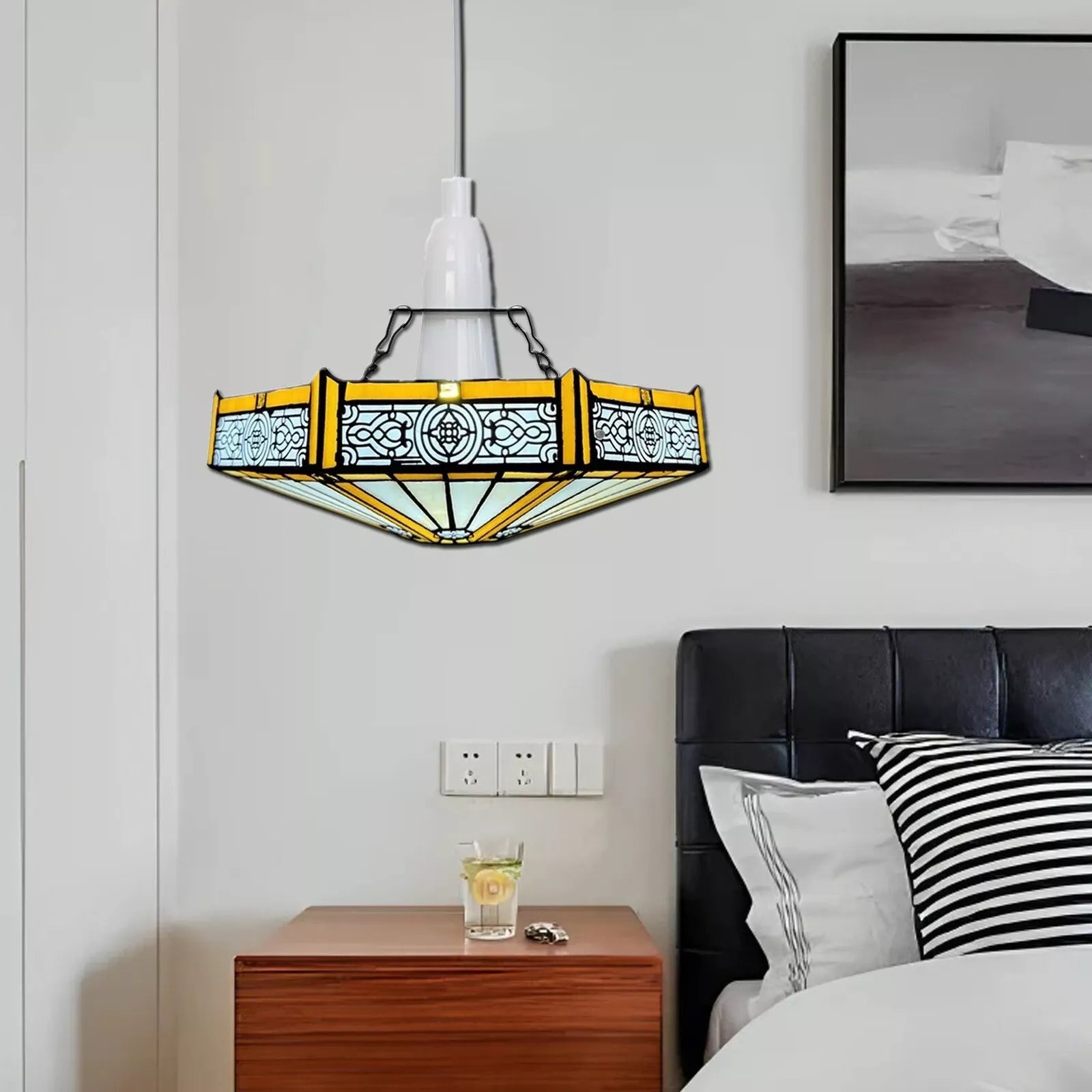 Tiffany style Yellow Hexagon Design Pendant Lamp 12 inch Stained Glass Shade