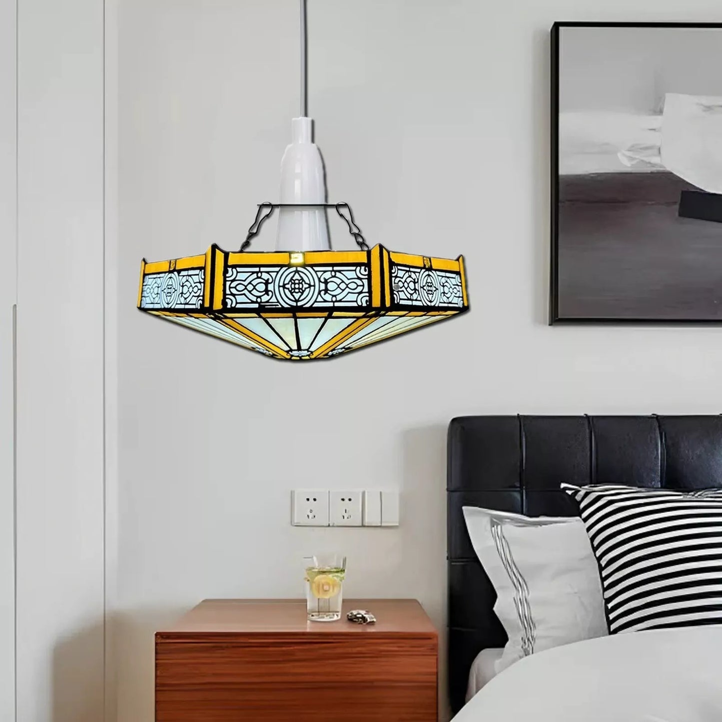 Tiffany style Yellow Hexagon Design Pendant Lamp 12 inch Stained Glass Shade