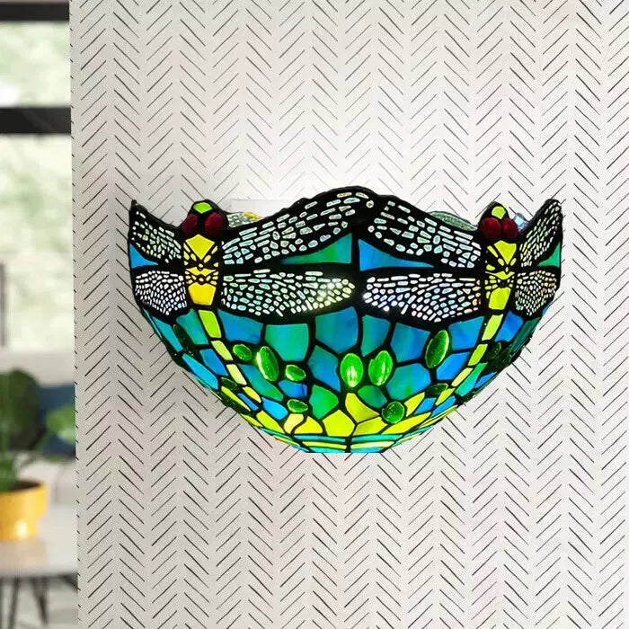 Green Dragonfly Tiffany Style Wall Lamp Stained Glass Handcrafted Uplighter