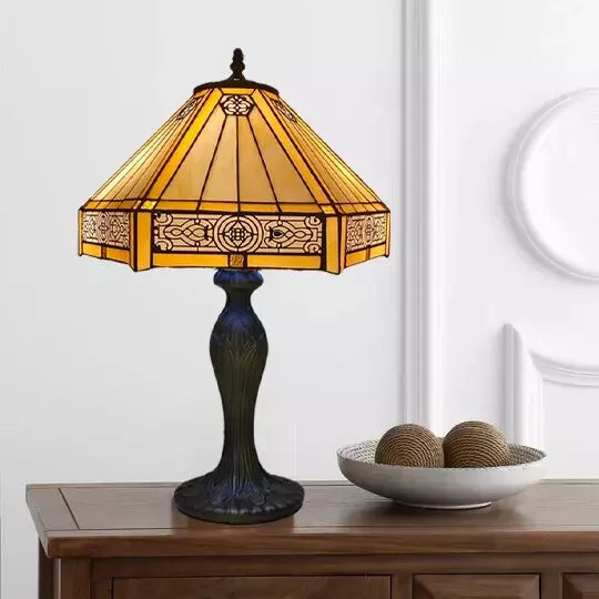 Yellow Hexagonal 16 Inch Tiffany Style Table Lamp Handcrafted Stained Glass Bedside Desk Lamp