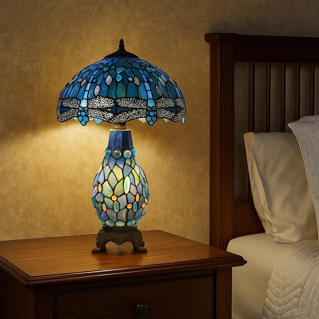 Blue & Black Tiffany Style Cluster Table Lamp