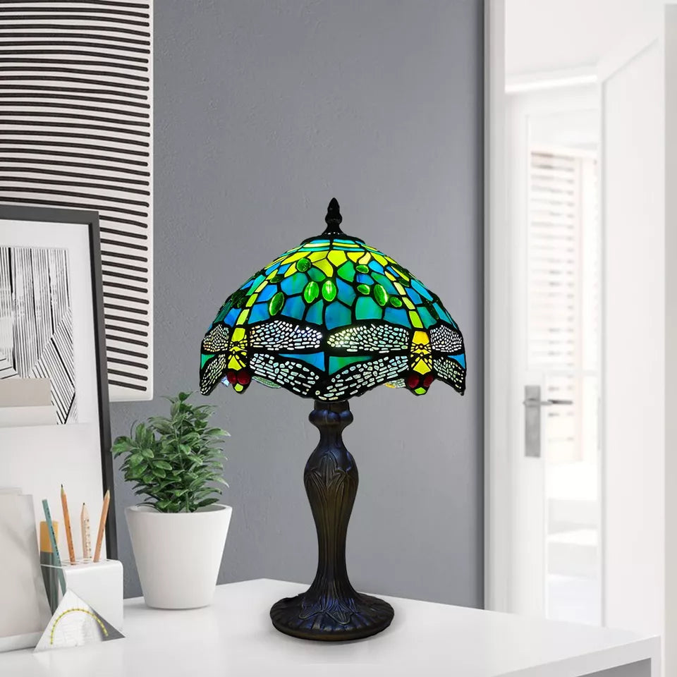 10 inch Greenish Color Tiffany Style Table Lamp Green Dragonfly Style Multicolor Stained Glass