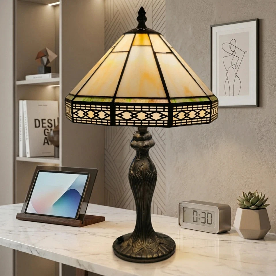 10 Inch Hexagonal Design Tiffany Style Stained Glass Table Lamp