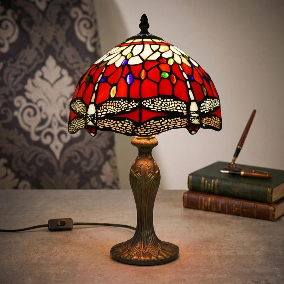 10 Inch Dragonfly Design Tiffany Style Table Lamp Hand Crafted Multicolor Stained Glass shade