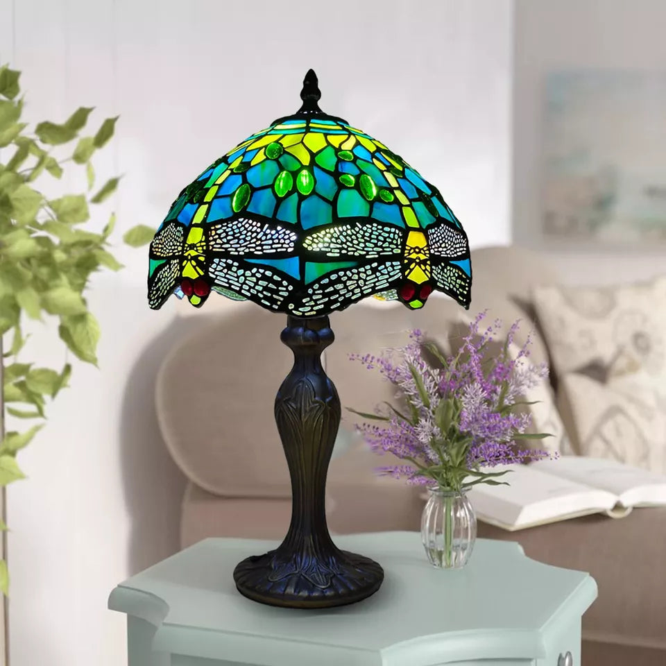 10 inch Greenish Color Tiffany Style Table Lamp Green Dragonfly Style Multicolor Stained Glass