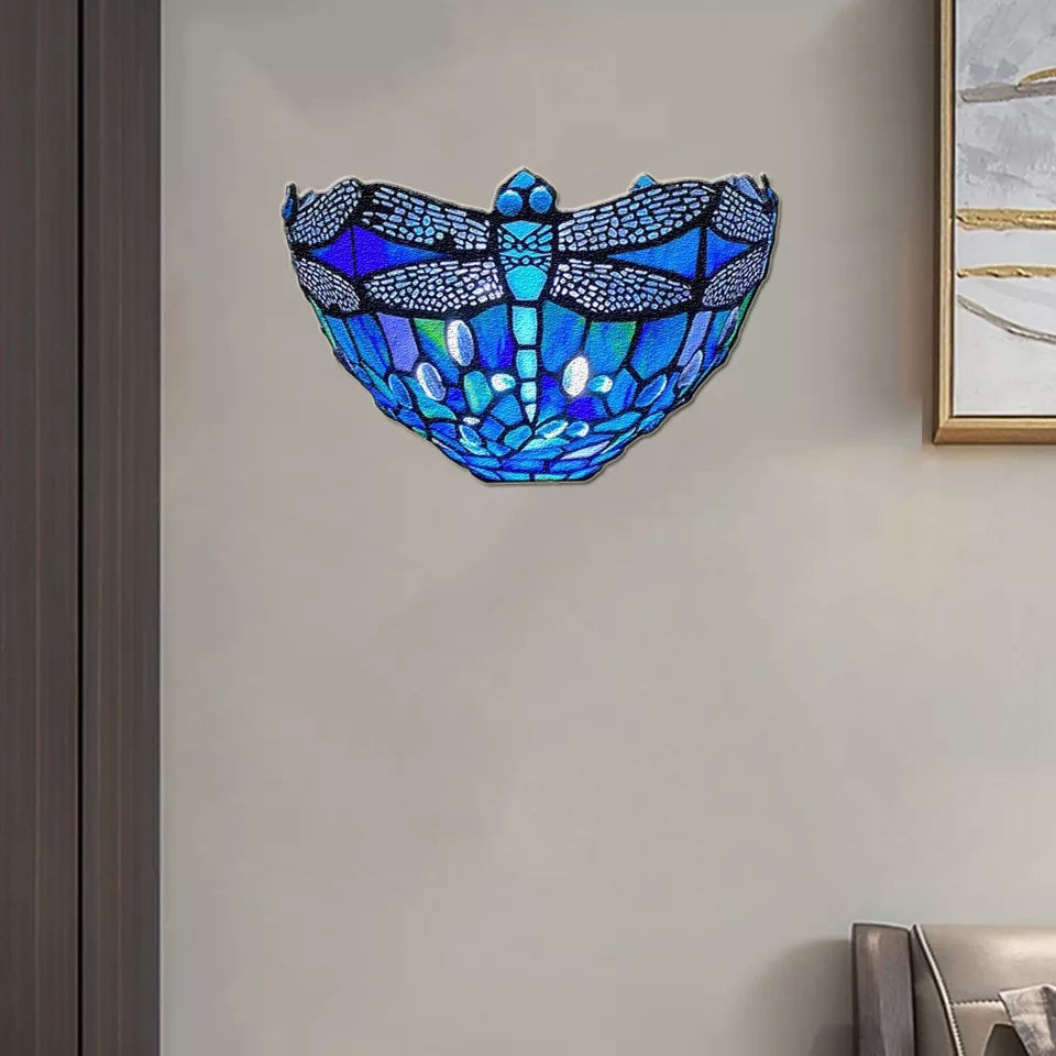 Blue Dragonfly Wall Lamp Tiffany Style Stained Glass Handcrafted Light Uplighter
