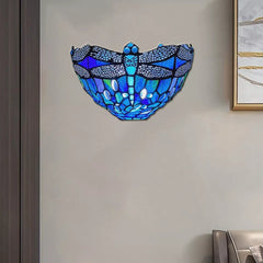 Blue Dragonfly Wall Lamp Tiffany Style Stained Glass Handcrafted Light Uplighter