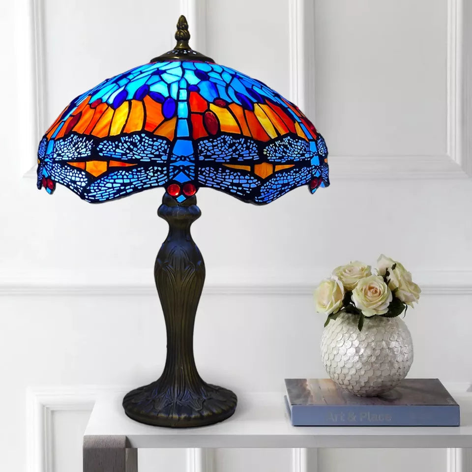 16 inch Handcrafted Stained Glass Tiffany Blue & Orange Dragonfly style Table lamp