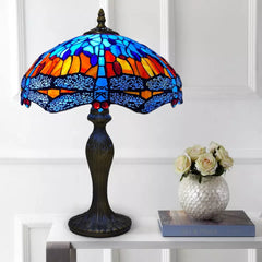 16 inch Handcrafted Stained Glass Tiffany Blue & Orange Dragonfly style Table lamp