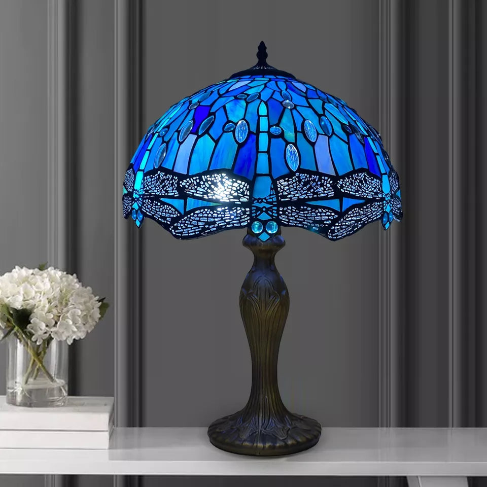 16 Inch Blue & Black Tiffany Style Handcrafted Table Lamp