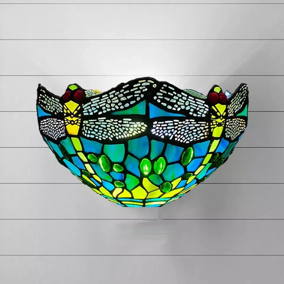 Green Dragonfly Tiffany Style Wall Lamp Stained Glass Handcrafted Uplighter