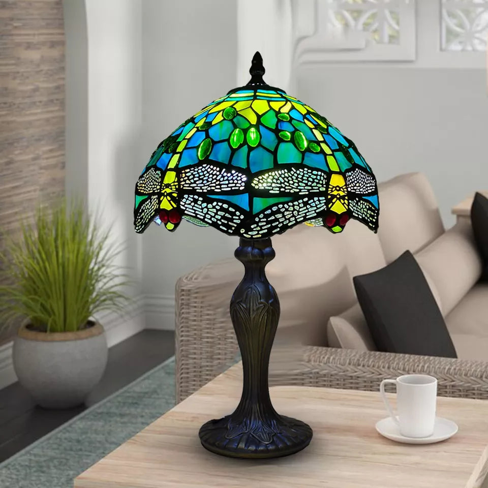 10 inch Greenish Color Tiffany Style Table Lamp Green Dragonfly Style Multicolor Stained Glass