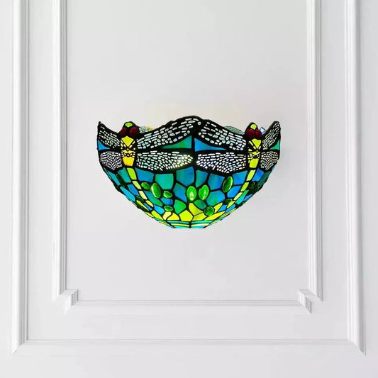 Green Dragonfly Tiffany Style Wall Lamp Stained Glass Handcrafted Uplighter