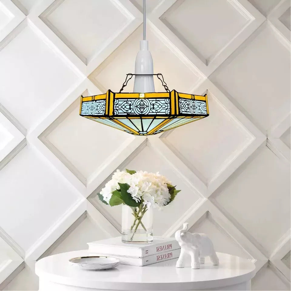 Tiffany style Yellow Hexagon Design Pendant Lamp 12 inch Stained Glass Shade