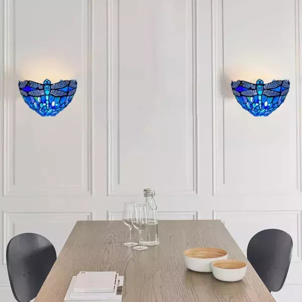 Blue Dragonfly Wall Lamp Tiffany Style Stained Glass Handcrafted Light Uplighter