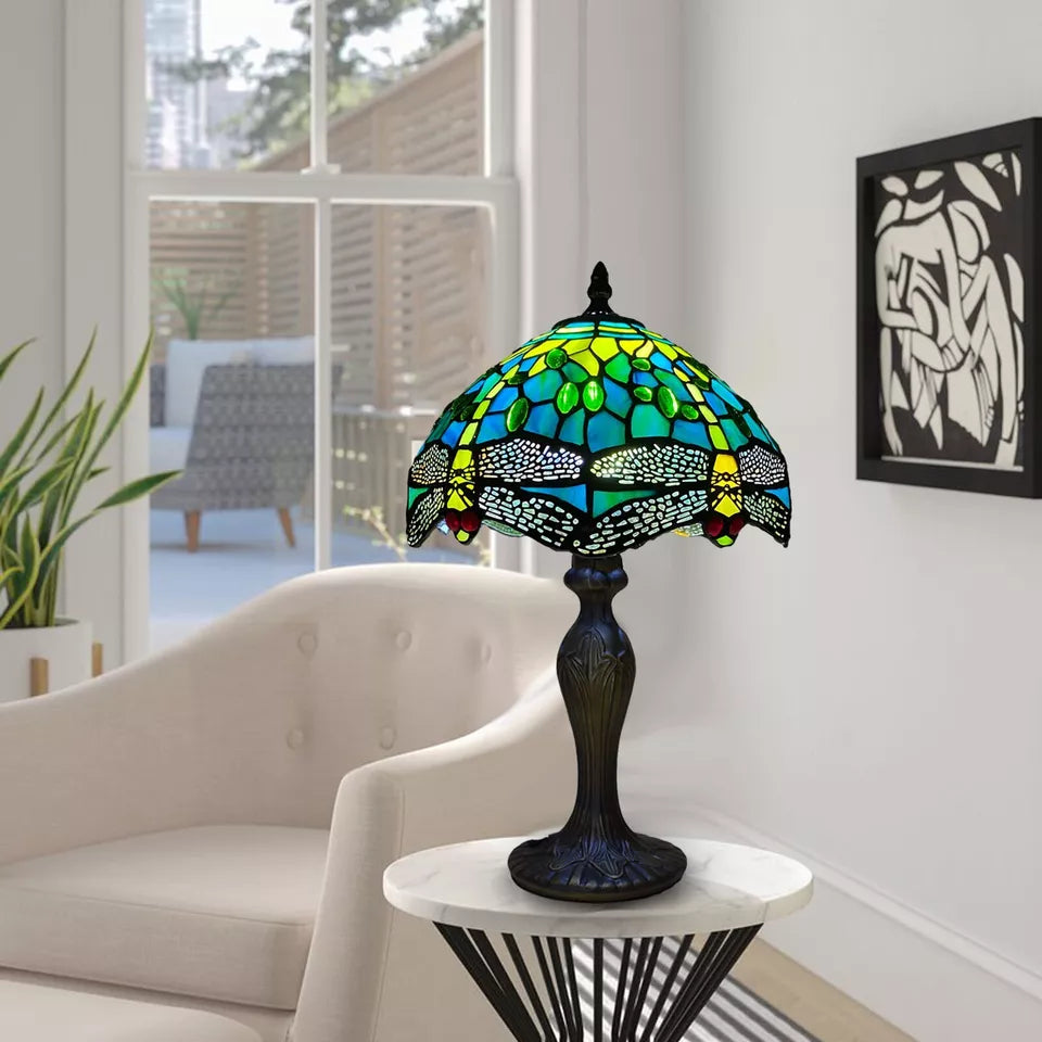 10 inch Greenish Color Tiffany Style Table Lamp Green Dragonfly Style Multicolor Stained Glass