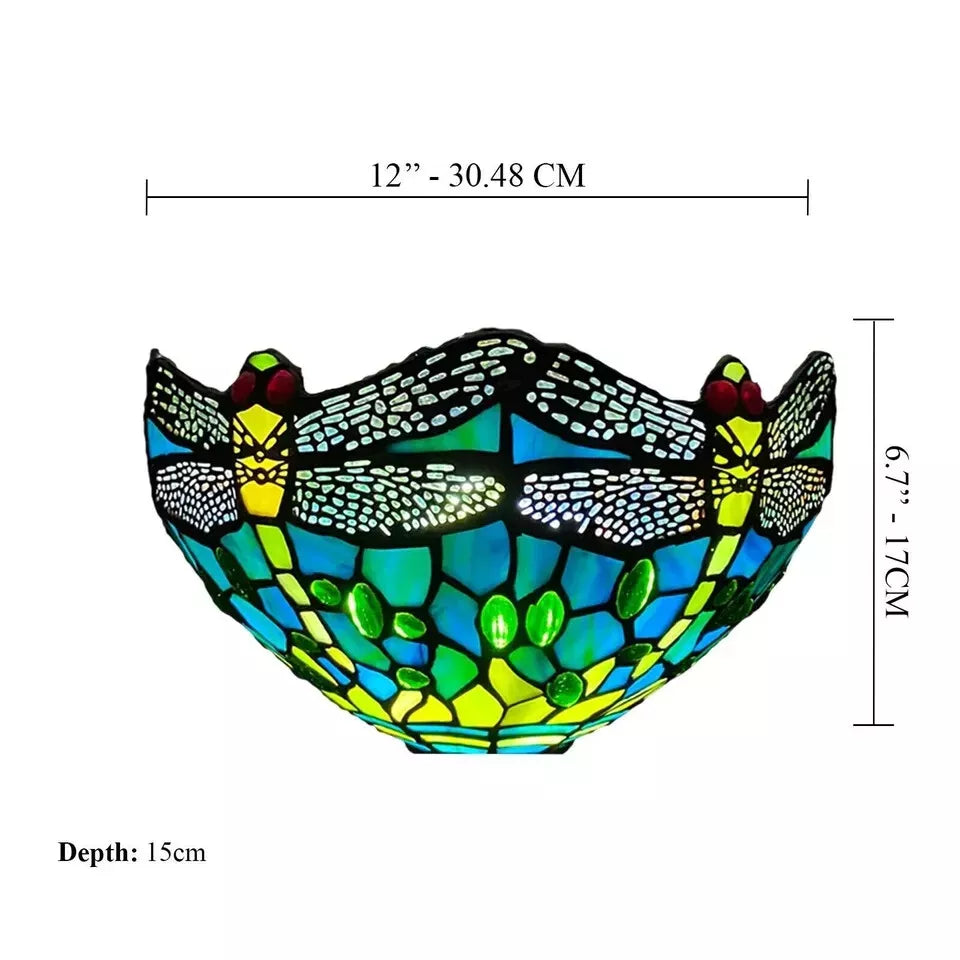 Green Dragonfly Tiffany Style Wall Lamp Stained Glass Handcrafted Uplighter