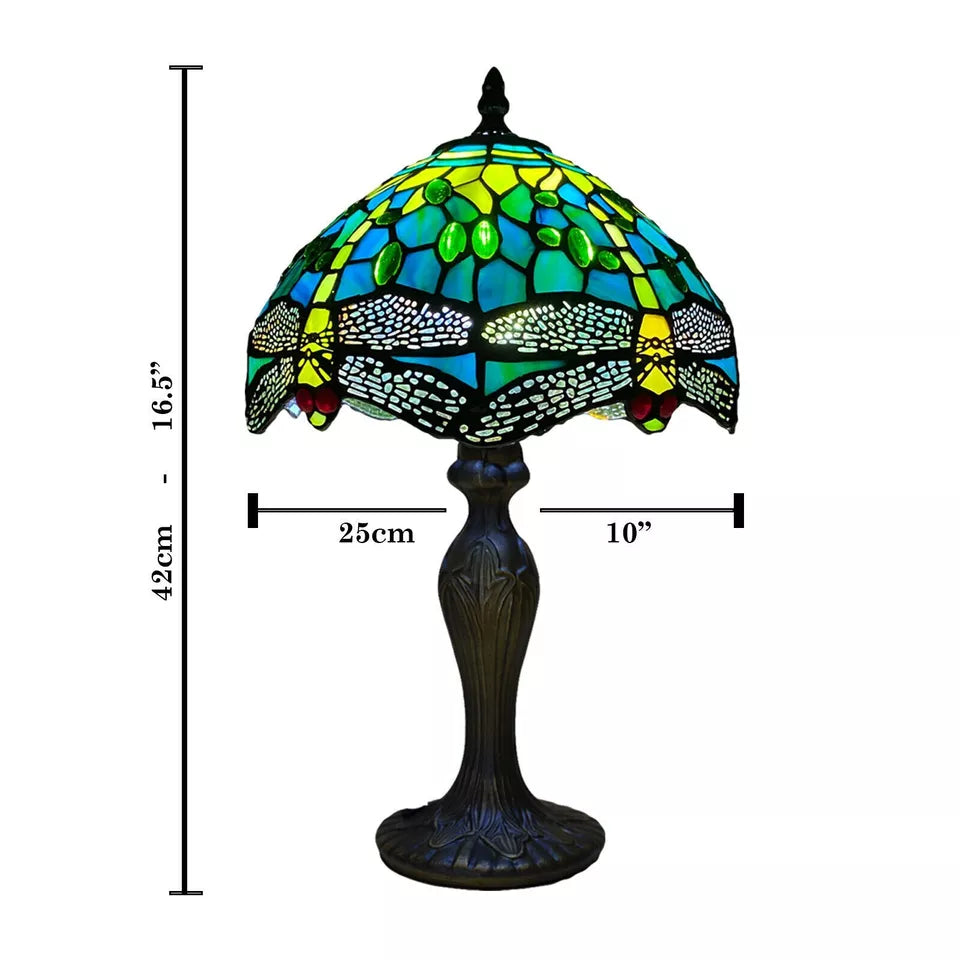10 inch Greenish Color Tiffany Style Table Lamp Green Dragonfly Style Multicolor Stained Glass