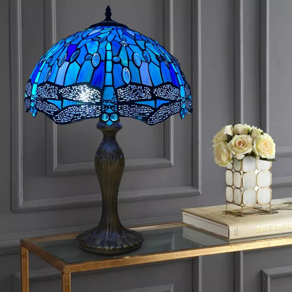 16 Inch Blue & Black Tiffany Style Handcrafted Table Lamp