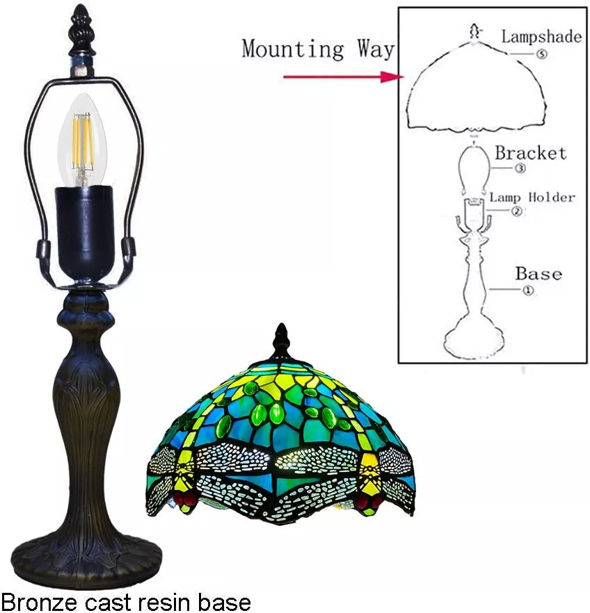 10 inch Greenish Color Tiffany Style Table Lamp Green Dragonfly Style Multicolor Stained Glass