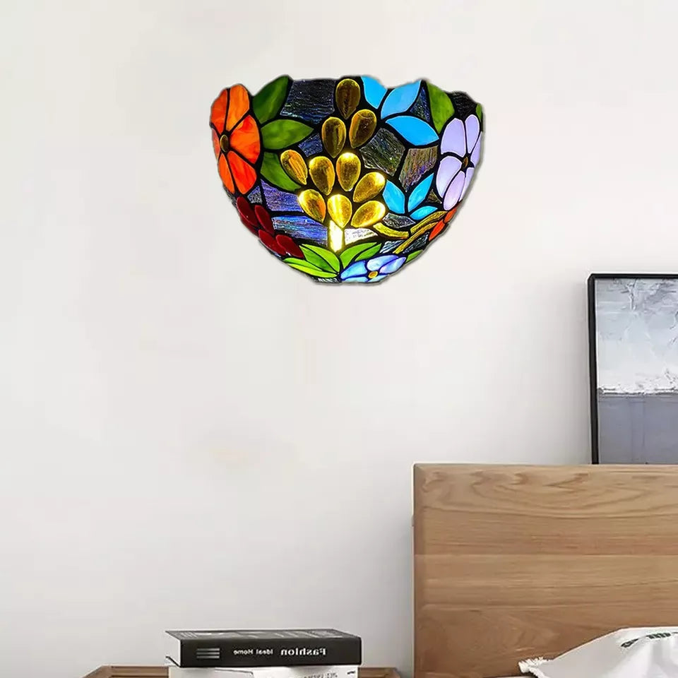 Flower Design Tiffany Style Wall Lamp Stained Glass Handcrafted Light Uplighter Lamp