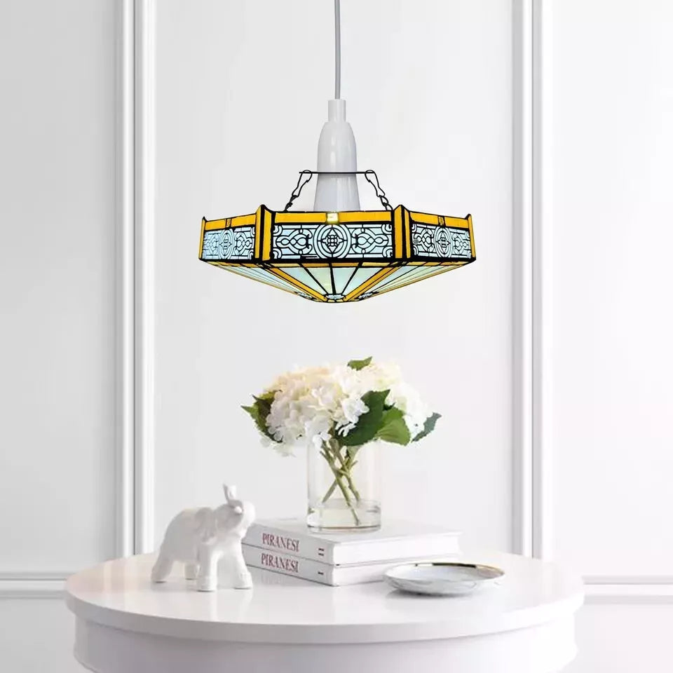 Tiffany style Yellow Hexagon Design Pendant Lamp 12 inch Stained Glass Shade