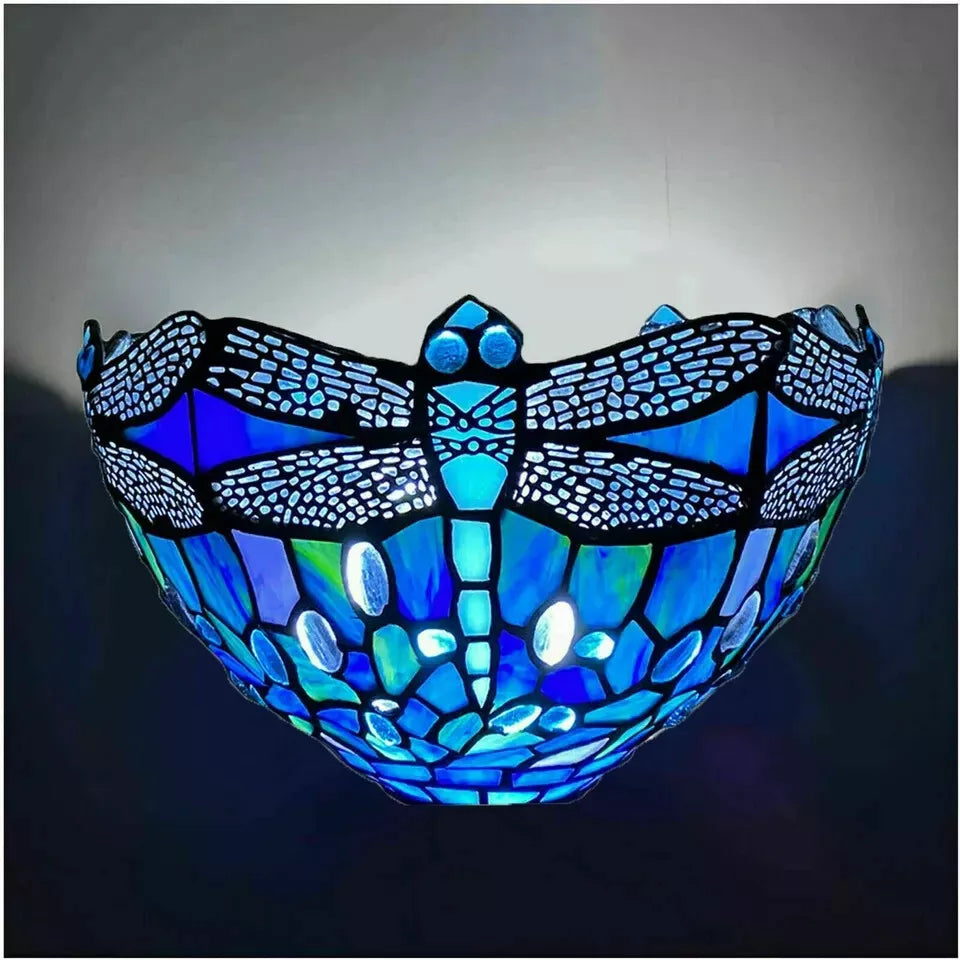 Blue Dragonfly Wall Lamp Tiffany Style Stained Glass Handcrafted Light Uplighter