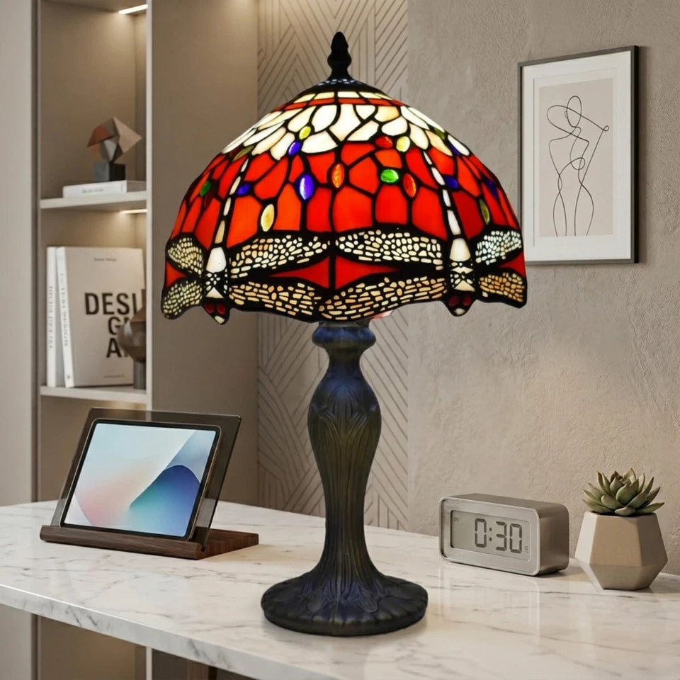 10 Inch Dragonfly Design Tiffany Style Table Lamp Hand Crafted Multicolor Stained Glass shade