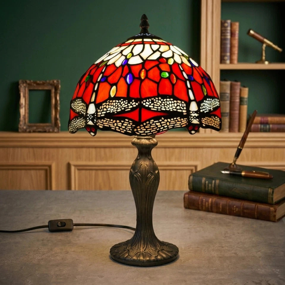 10 Inch Dragonfly Design Tiffany Style Table Lamp Hand Crafted Multicolor Stained Glass shade