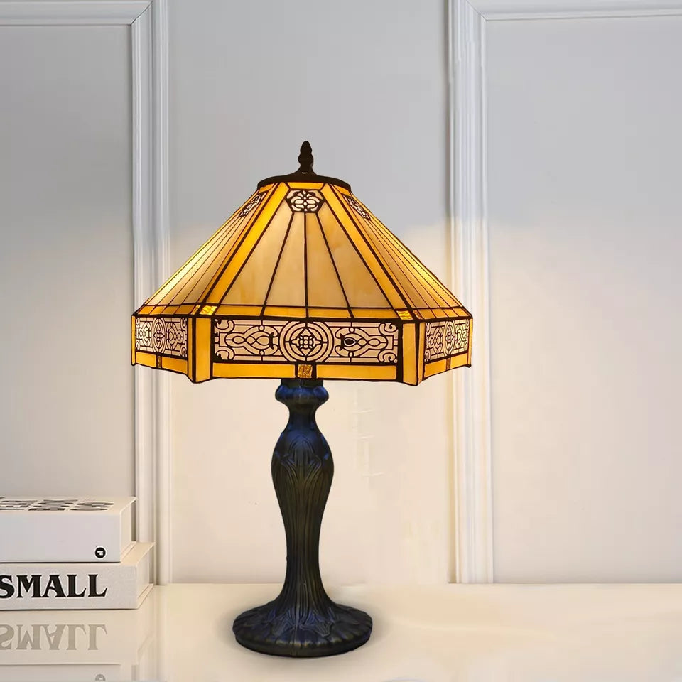 Yellow Hexagonal 16 Inch Tiffany Style Table Lamp Handcrafted Stained Glass Bedside Desk Lamp
