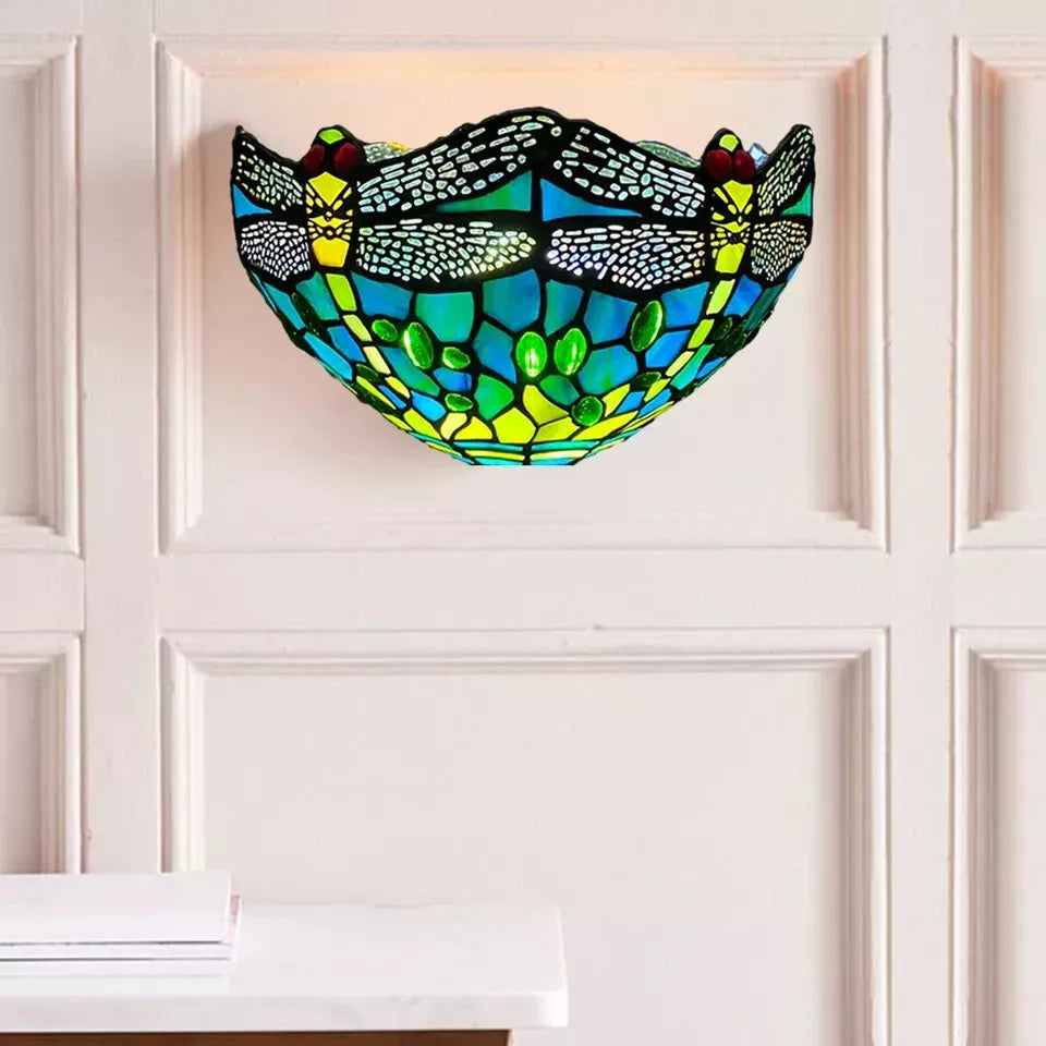 Green Dragonfly Tiffany Style Wall Lamp Stained Glass Handcrafted Uplighter
